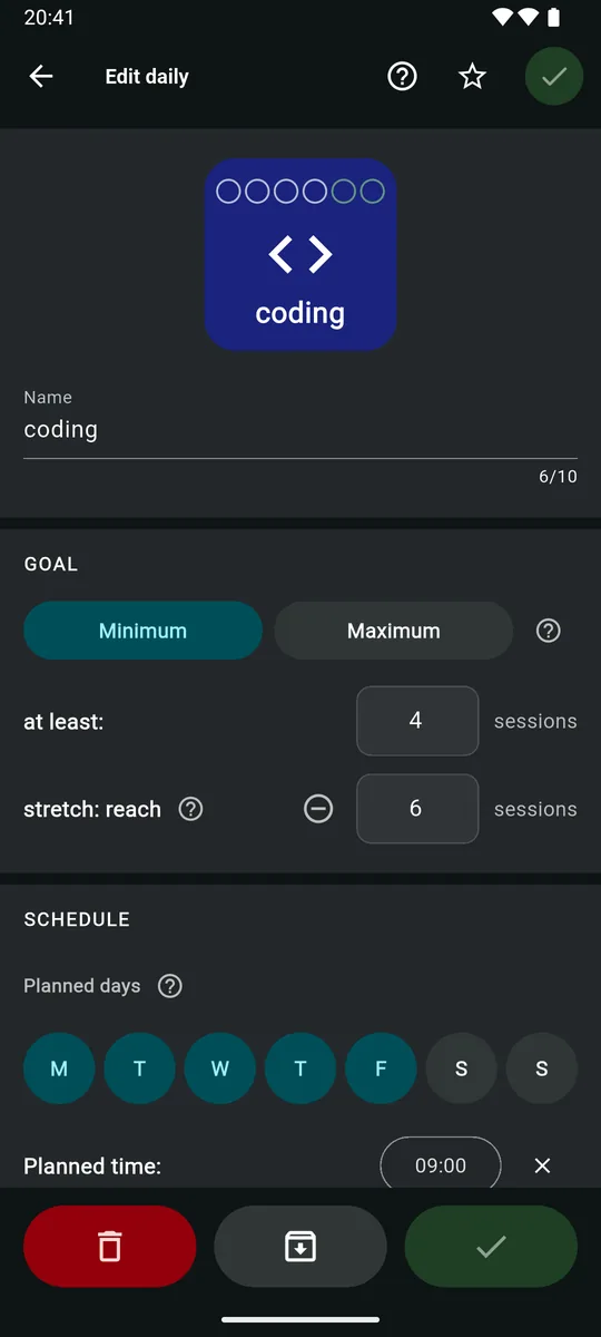 Edit daily screen for coding: Minimum selected, at least 4 sessions, a stretch goal of 6 sessions, planned days and a 09:00 planned time.