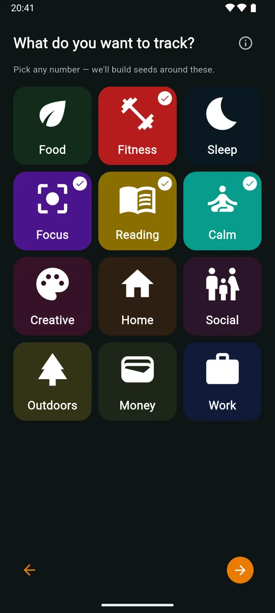Setup wizard asking What do you want to track?, with twelve interest tiles such as Food, Fitness, Sleep, Focus and Reading, several of them selected.