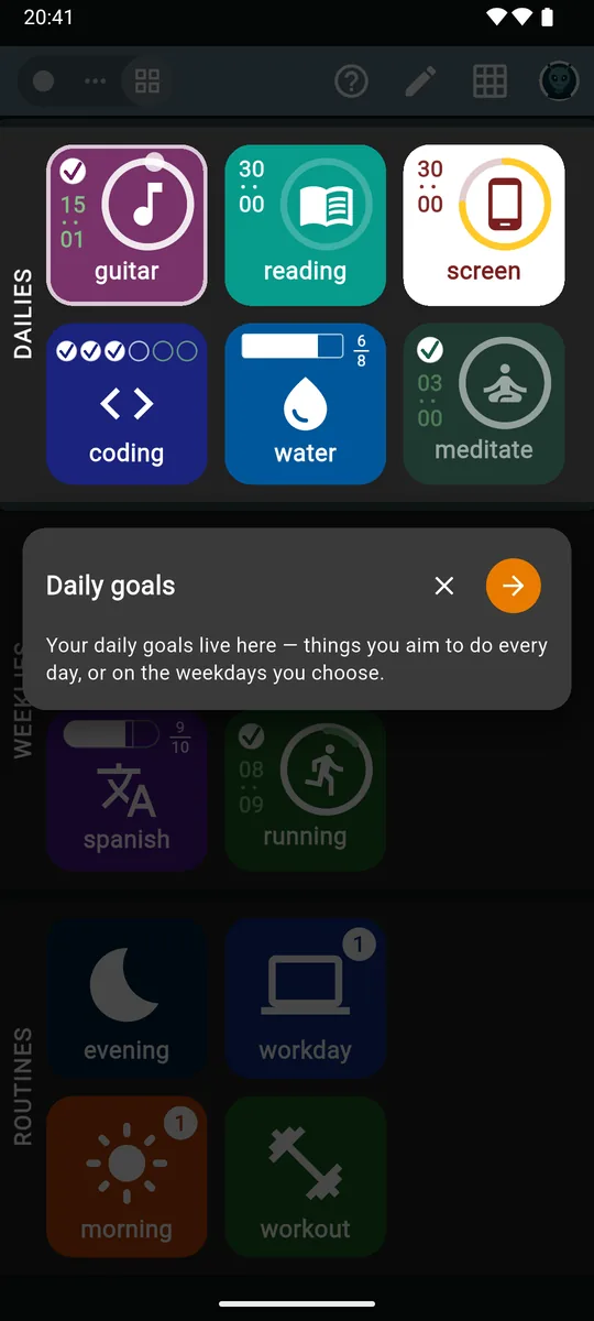 A guided tour on the main screen: the dailies are spotlighted while a card titled Daily goals explains them, with back, close and next buttons.